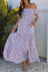 Purple Floral Short Bubble Sleeve Shirred High Waist Maxi Dress